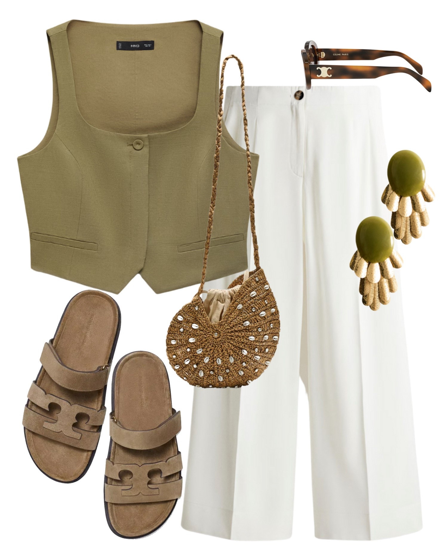 Summer waistcoat styling 🫒 

Olive green tailored vest paired with crisp white wide-leg trousers, Tory Burch suede sandals and woven rattan bag with shells, bold green-and-beige earrings and Celine tortoise-shell sunglasses. Perfect for a summer brunch, a weekend stroll, or a stylish day exploring the city on a city break. Minimalist sophistication, effortless chic, casual chic, Mango, H&M, high street.

#LTKsummer #LTKmodest #LTKstyletip
