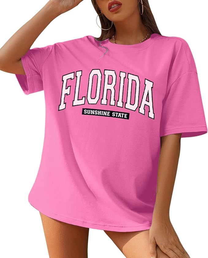 MISSACTIVER Women Florida Letter Graphic Print Tee Shirt Oversized Short Sleeve Crew Neck Drop Sh... | Amazon (US)