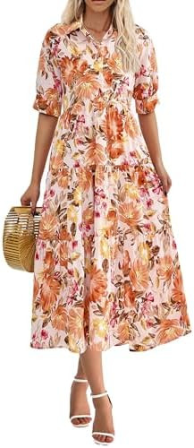 PRETTYGARDEN Summer Dress for Women Short Sleeve Button Up Ruffle A Line Flowy Maxi Dresses | Amazon (US)