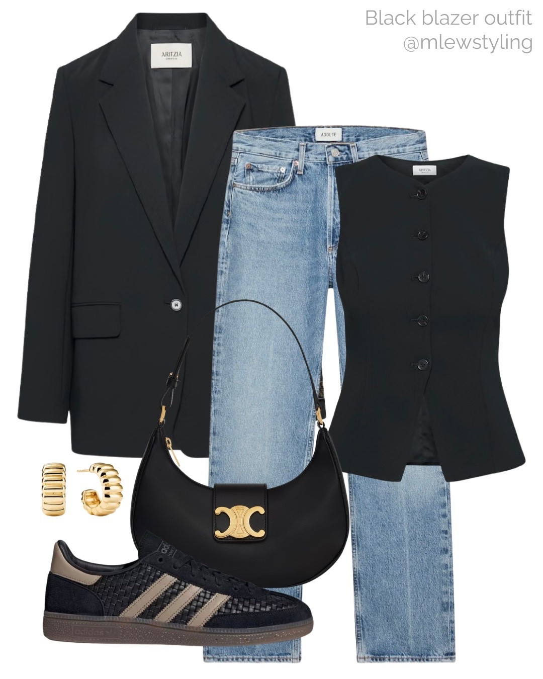 Black blazer office outfit 🖤

Tags: casual workwear, work outfit, neutral aesthetic, capsule wardrobe, tailored vest, Aritzia waistcoat, Celine shoulder bag, adidas sneakers, mejuri gold hoop earrings

#LTKjeans #LTKstyletip #LTKworkwear