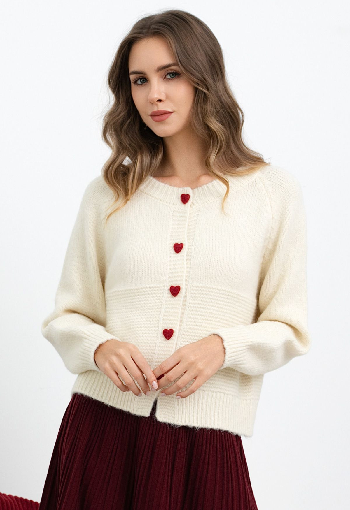 Textured Panel Heart-Button Knit Cardigan in Ivory | Chicwish