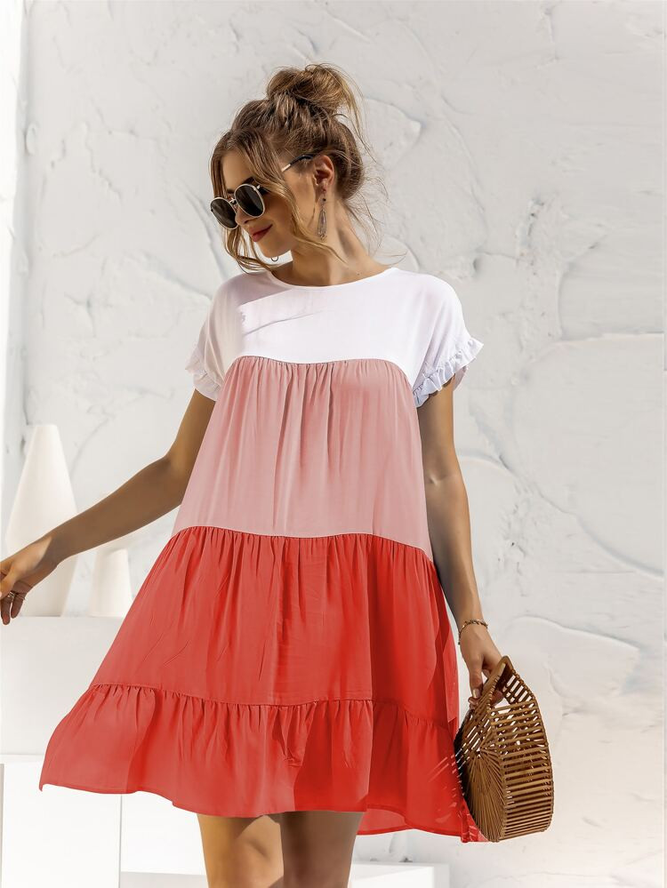 Contrast Panel Flounce Sleeve Smock Dress | SHEIN