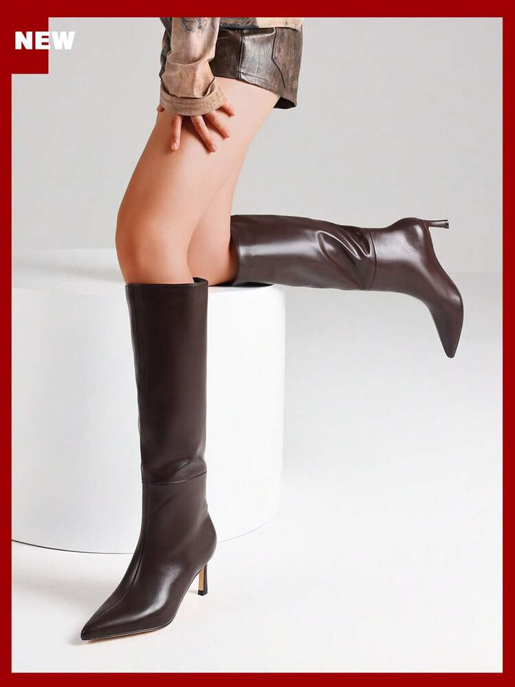 2024 Fashion Knee High Boots For Women Kitten Heel Boots Suede Pointed Toe Pull On Low Heel Tall Boots | SHEIN