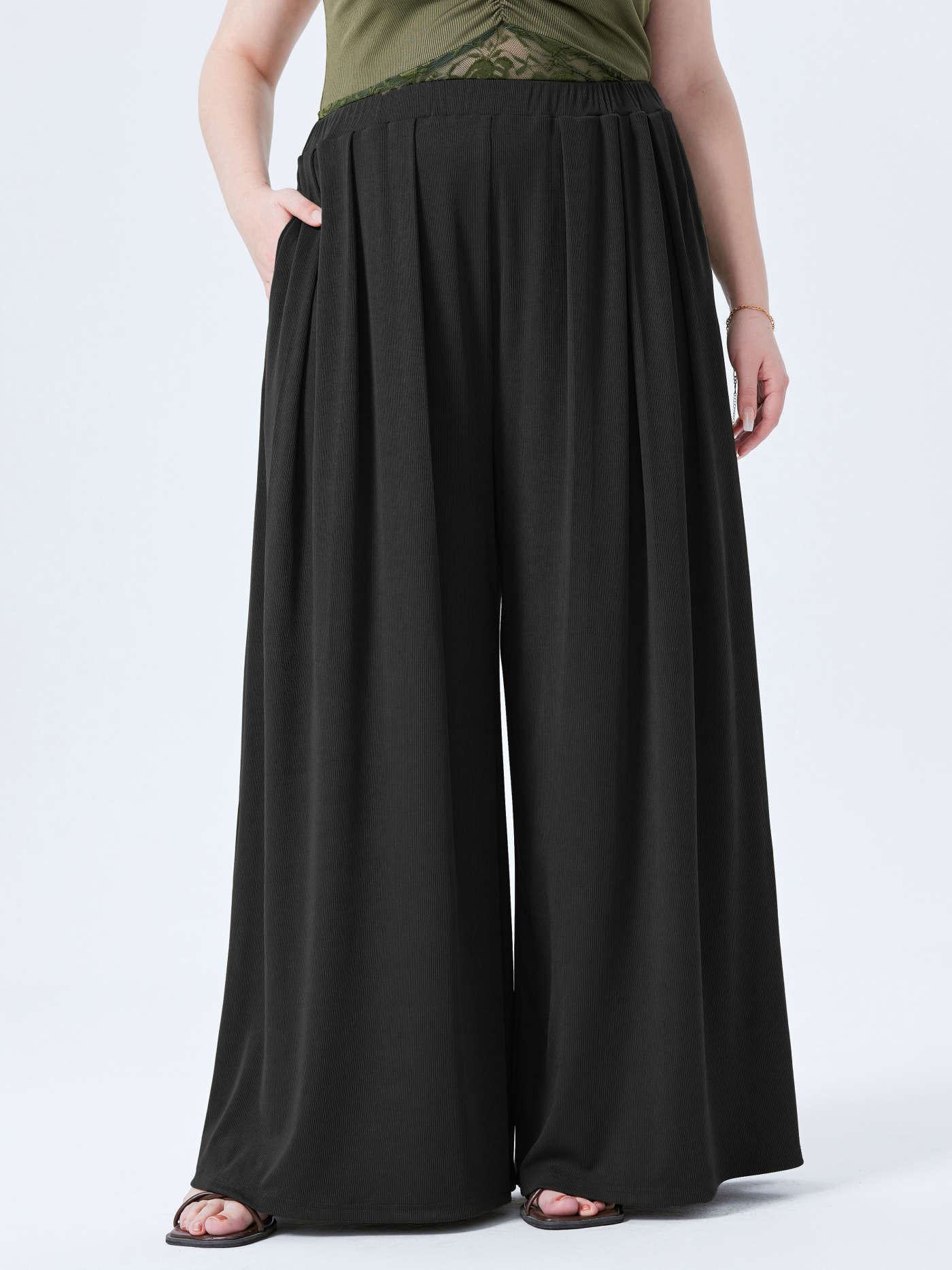 Knit Fabric Solid Elastic Waist Pocket Wide Leg Pants Curve & Plus For Daily Casual Work | Cider