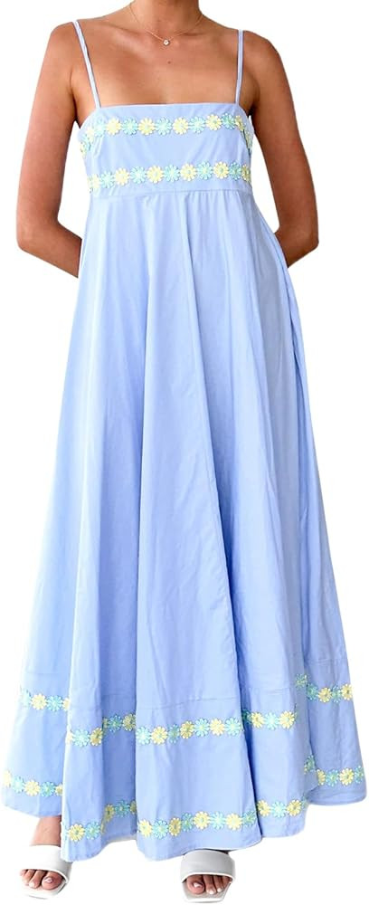 Women's Spaghetti Strap Embroidered Slip Long Dress Fit Ruched Swing Flowy Maxi Drsses Backless G... | Amazon (US)