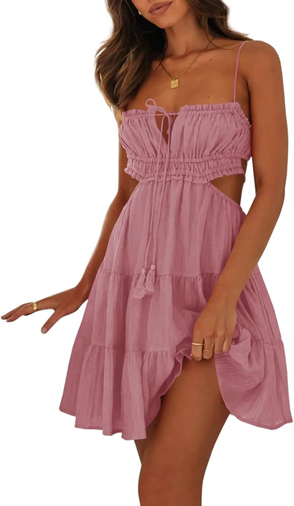 Wenrine Womens Summer Beach Mini Dress Adjustable Spaghetti Straps Sexy Backless Tiered Sleeveles... | Amazon (US)