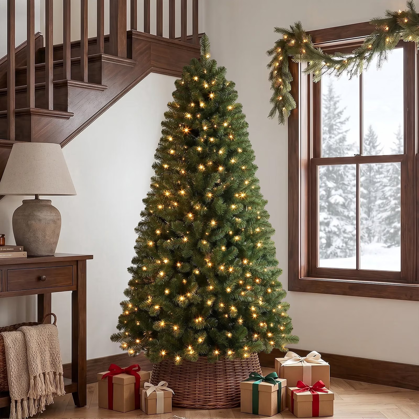 Lolsea 6.5ft Prelit Artificial Classic Christmas Tree with Warm White Lights for Living Room Office Party Decoration | Walmart (US)
