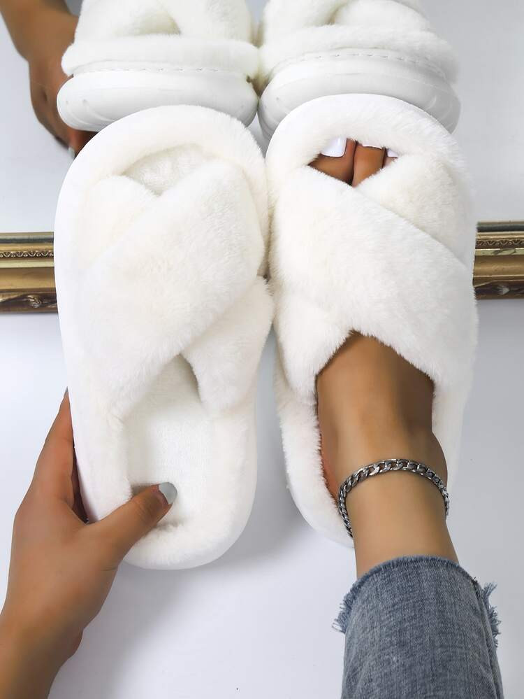 Cross Strap Fluffy Bedroom Slippers | SHEIN