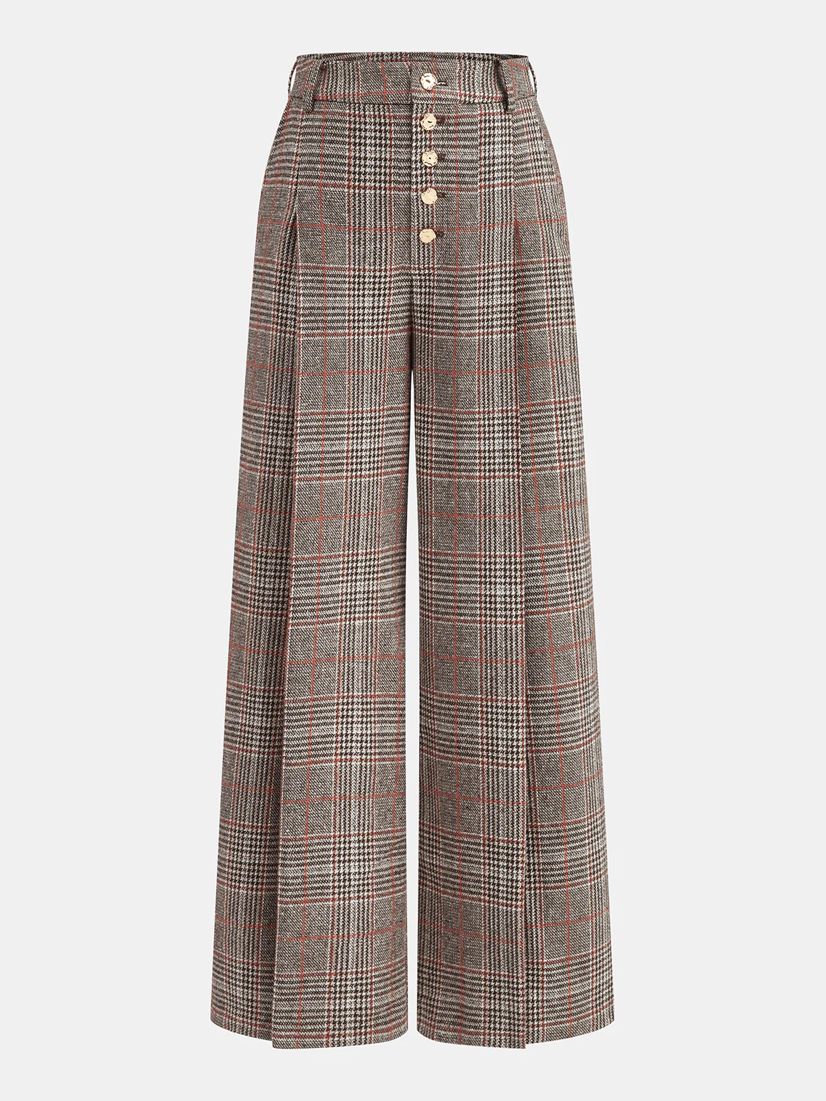 Mid-Waist Plaid Metal Button Pants | Commense