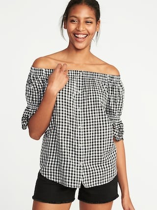 Old Navy Womens Off-The-Shoulder Button-Front Gingham Swing Top For Women Black Gingham Size L | Old Navy US