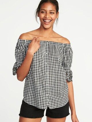 Old Navy Womens Off-The-Shoulder Button-Front Gingham Swing Top For Women Black Gingham Size L | Old Navy US