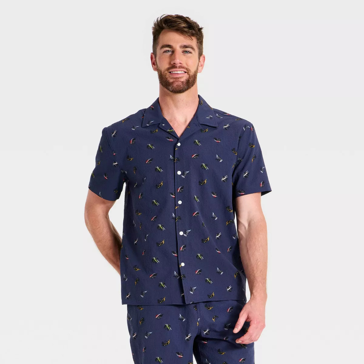 Men's Short Sleeve Great Outdoor Fly Fish Button-Up Shirt - Goodfellow & Co™ Navy S | Target