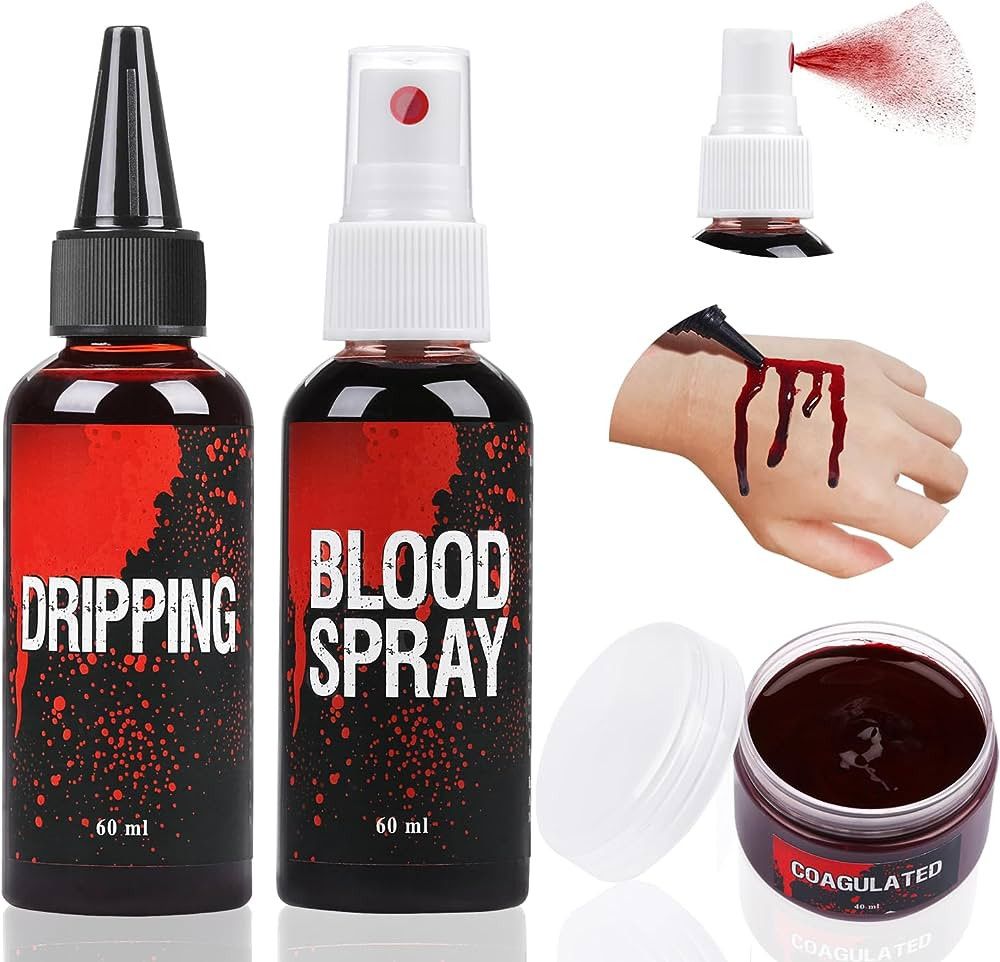Fake Blood Set, 2.1oz Fake Blood Spray and 2.1oz Dripping Blood and 1.41oz Coagulated Gel Blood, ... | Amazon (US)
