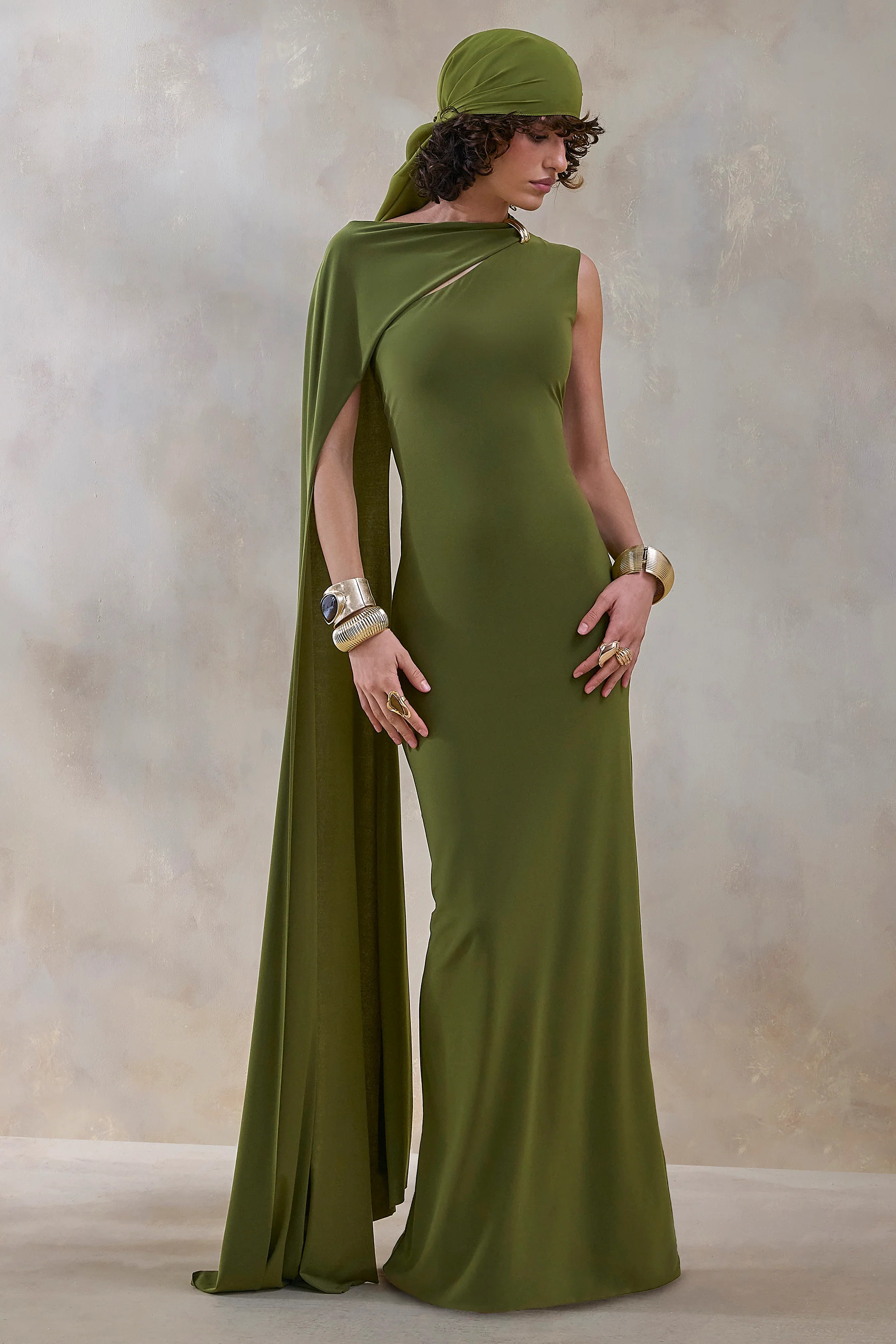 Isdelia | Green Asymmetric-Neck Maxi Dress With Cape-Sleeve | Club L London
