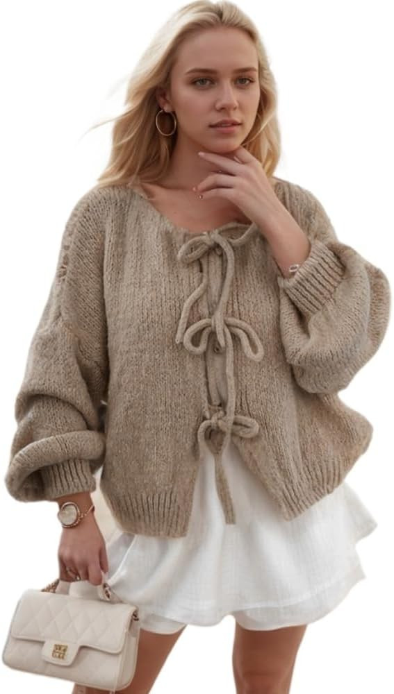 Women Tie Front Knitted Cardigan Y2k Open Front Knitwear Tops Long Sleeve Oversized Cardigan Swea... | Amazon (US)