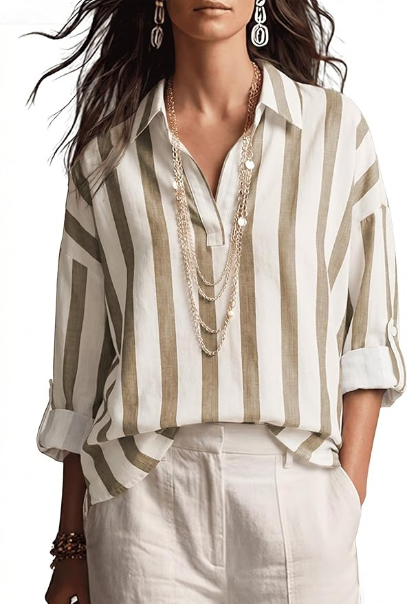 Watashi Women Striped V Neck Henley Shirt Oversized Roll Long Sleeved Collared Blouse Work Office... | Amazon (US)