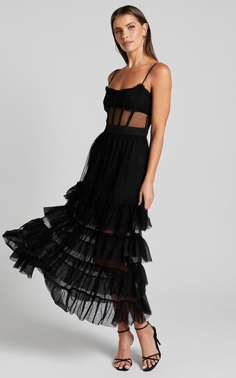 Evelynn Maxi Dress - Sweetheart Corset Bodice Fit & Flare Tiered in Black | Showpo (ANZ)