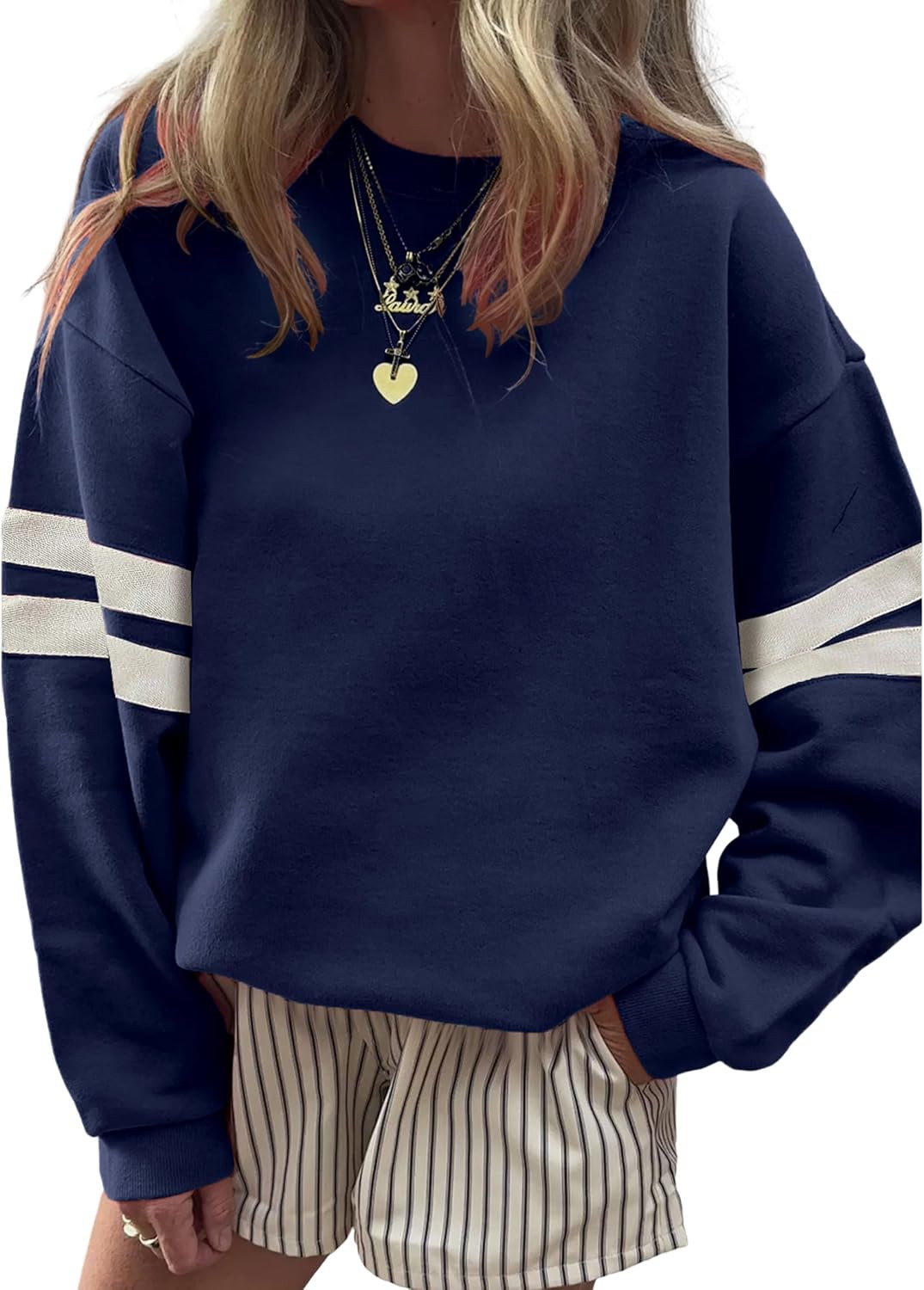 SELINK Womens Varsity Striped Oversized Sweatshirt Crewneck Pullover Tops | Amazon (US)