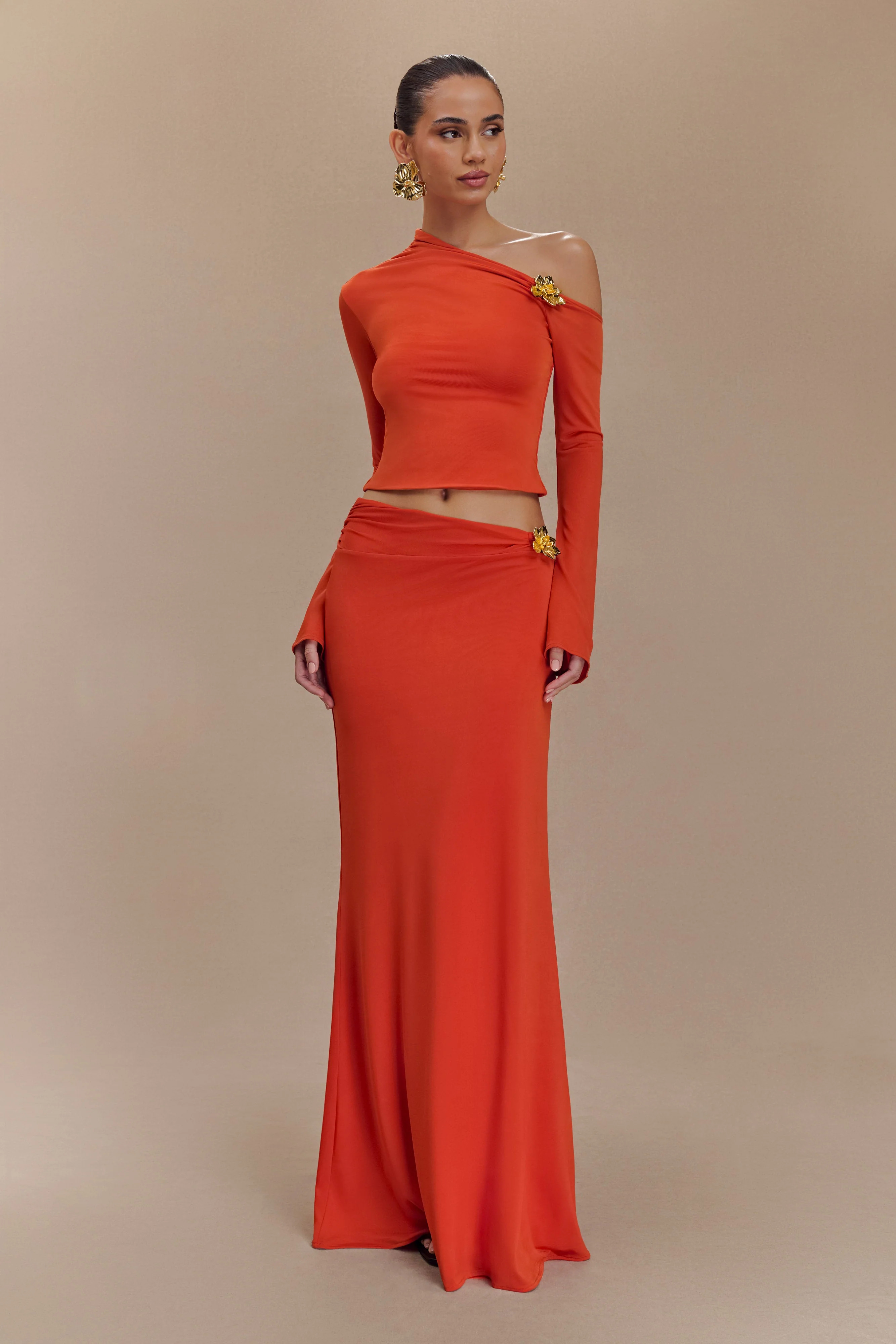 Ainsley Asymmetrical Maxi Skirt With Floral Hardware - Burnt Orange | MESHKI US