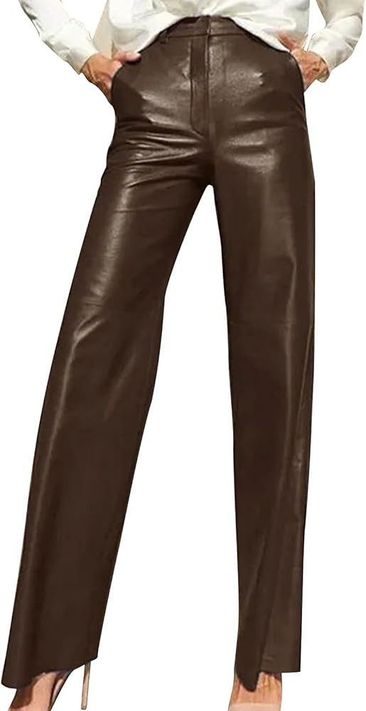 Women's Leather Pants Versatile High Waisted Straight Leg Trousers Retro Faux Leather Pants with ... | Amazon (US)