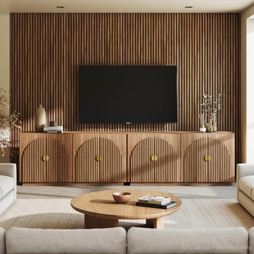 BELLEZE Set of 2 Fluted Buffet Cabinet with Storage, 65 Inch Symmetrical Arc Accent Sideboard Large Console Table for Dining Room, Kitchen, and Living Room (Caramel Brown) | Amazon (US)