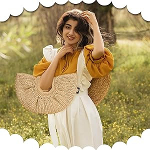 Rattan Handbag, Semi-Circular Woven Beach Bag for Women - Handmade, Perfect for Vacation Travel &... | Amazon (US)