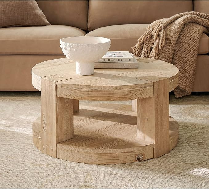 34" Round Dining Table, Solid Reclaimed Pine, 3" Thick Top, Square Legs, Rustic Weathered Finish | Amazon (US)