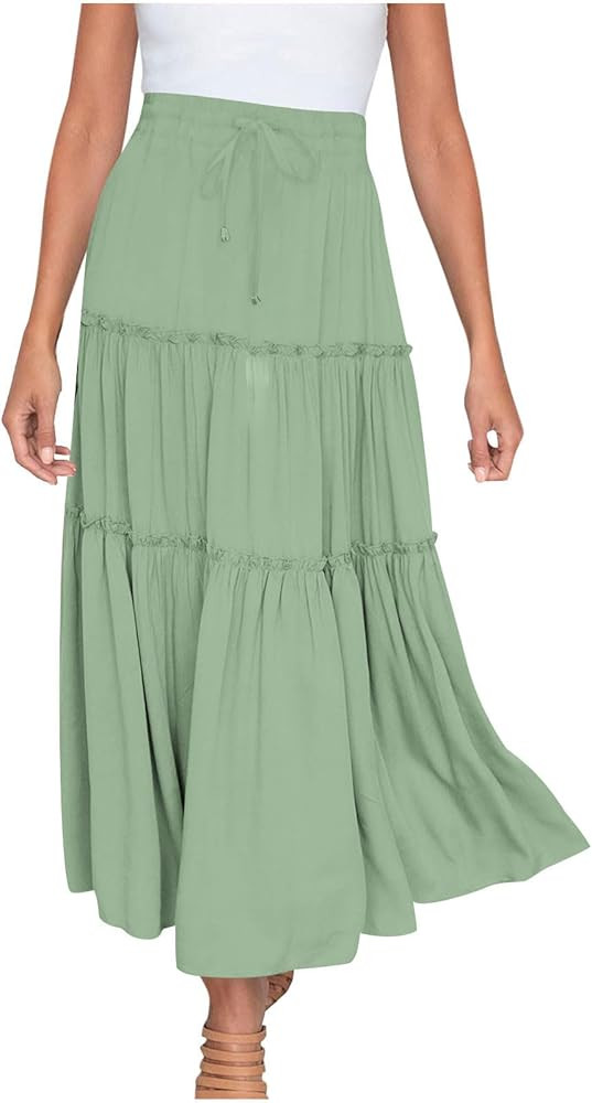 Women's 2024 Bohemian Skirt Casual Elastic High Waist Ruffle Tiered Long Skirt A Line Beach Dress... | Amazon (US)
