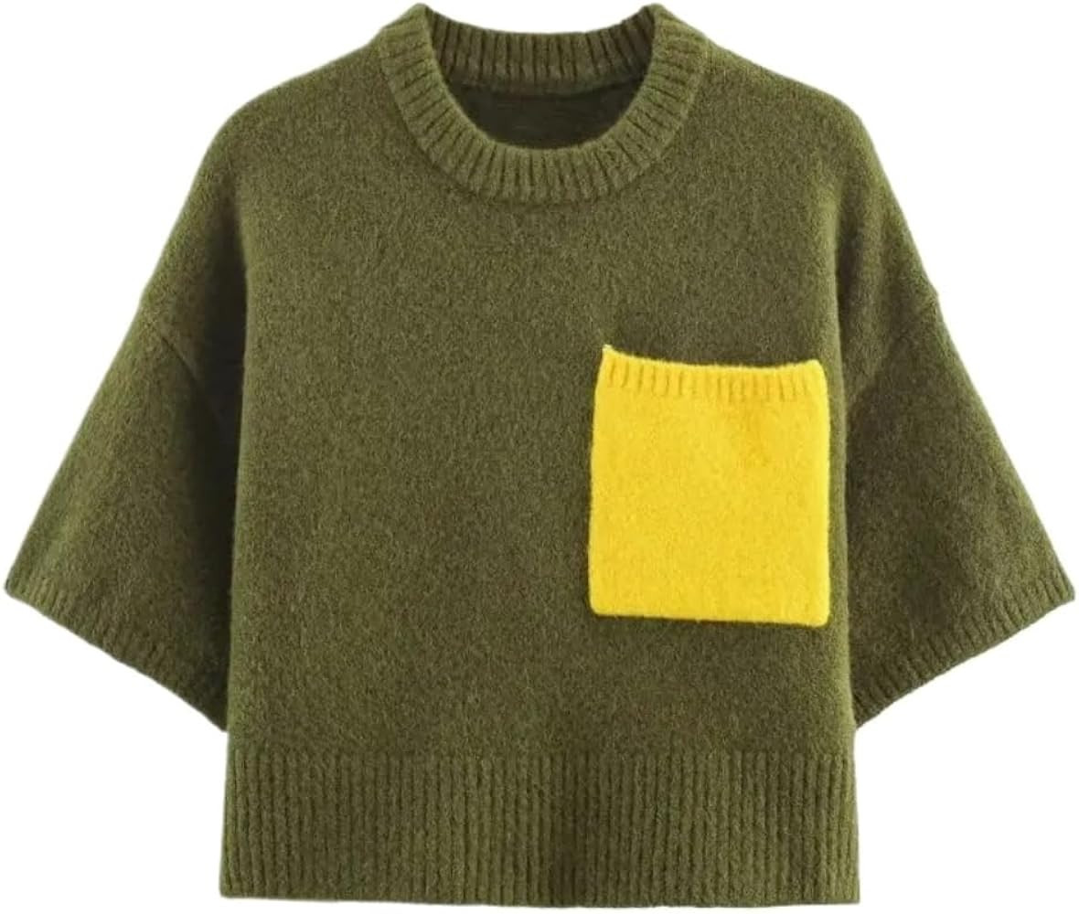 Women's Vintage Knitted Short Sleeves Sweater T-Shirt Pocket Color Block Pullover | Amazon (US)