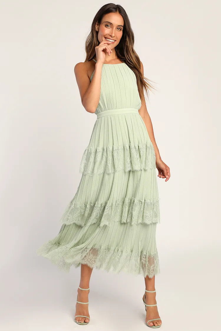 Came For Cocktails Sage Green Pleated Tiered Lace Maxi Dress | Lulus (US)