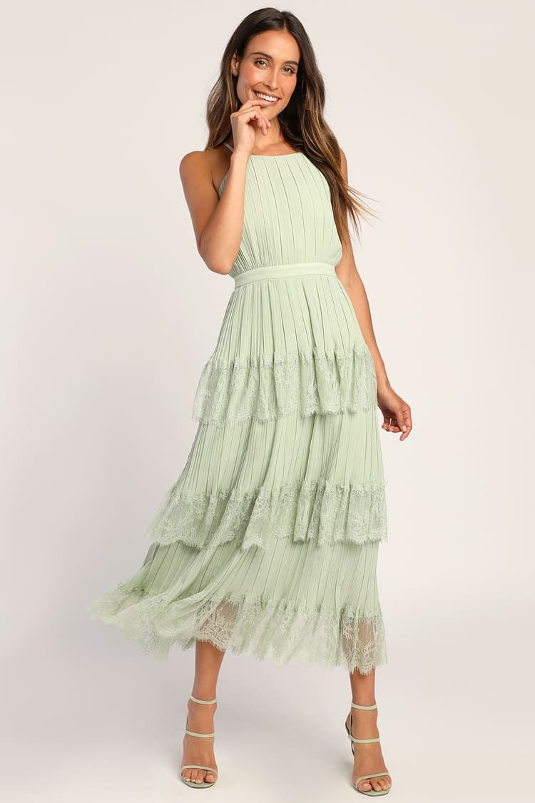 Came For Cocktails Sage Green Pleated Tiered Lace Maxi Dress | Lulus