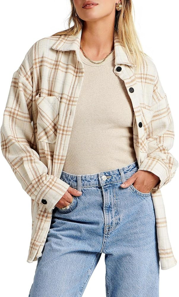 LOGENE Women Oversized Long Sleeve Shirts Casual Winter Button Jacket Coat Tops with Pockets | Amazon (US)