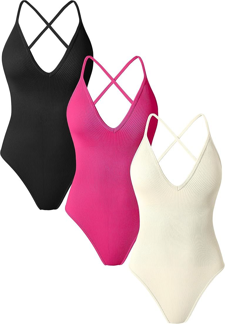 TOB Women's 3 Piece Bodysuits Sexy Ribbed V Neck Adjustable Spaghetti Strips Tops Bodysuits | Amazon (US)