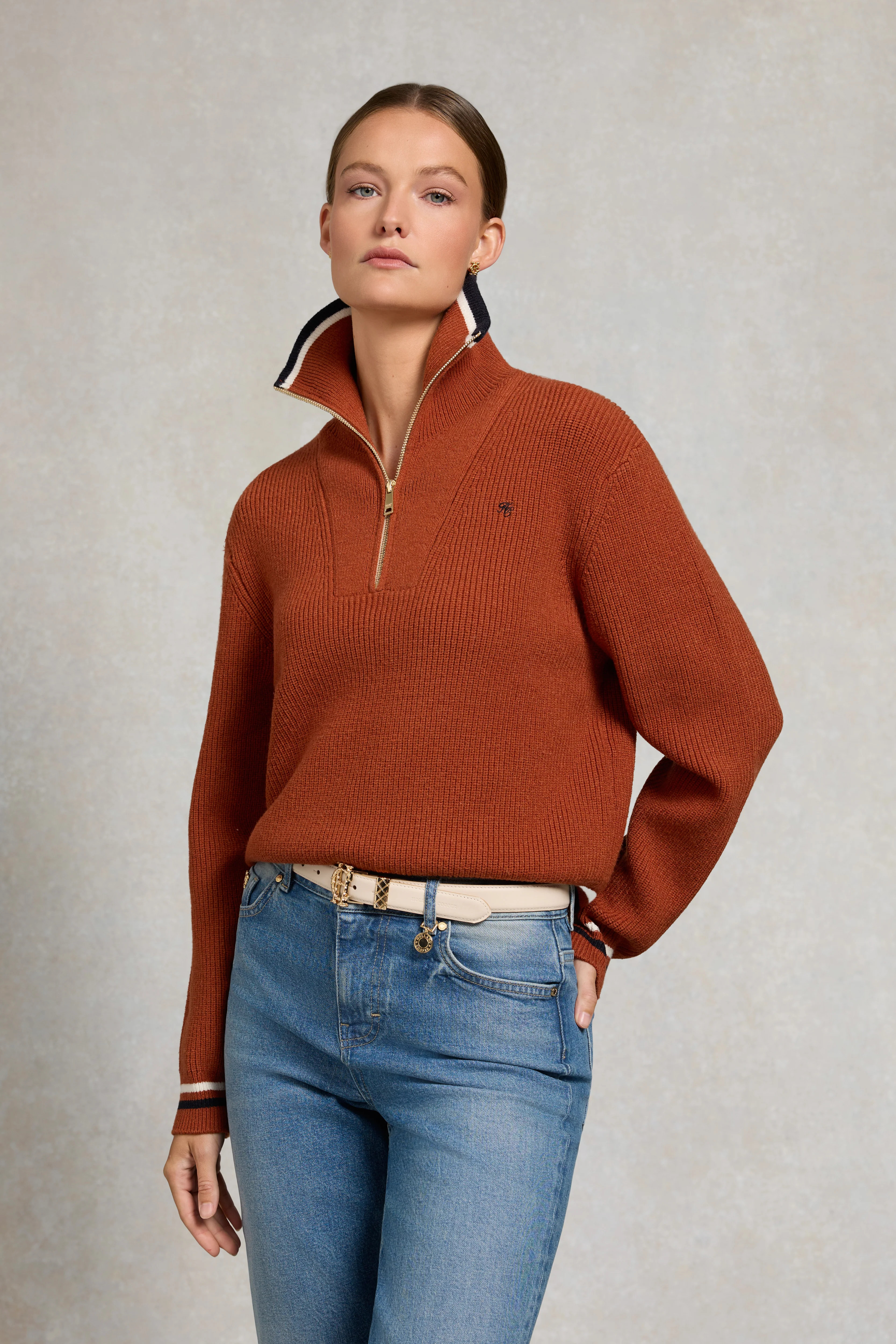 Jessica Quarter Zip Knit (Caramel) | Holland Cooper
