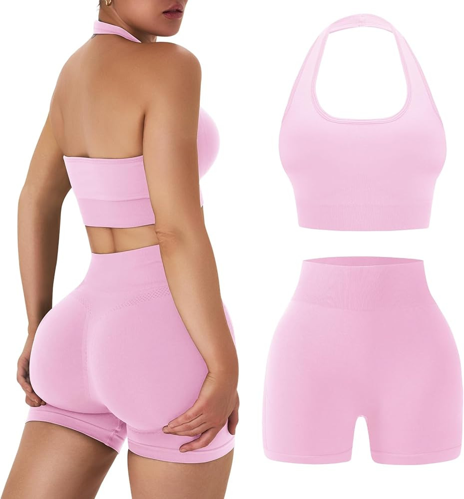OLCHEE Workout Sets for Women 2 Piece Backless Halter Sports Bra High Waist Booty Shorts Yoga Gym... | Amazon (US)