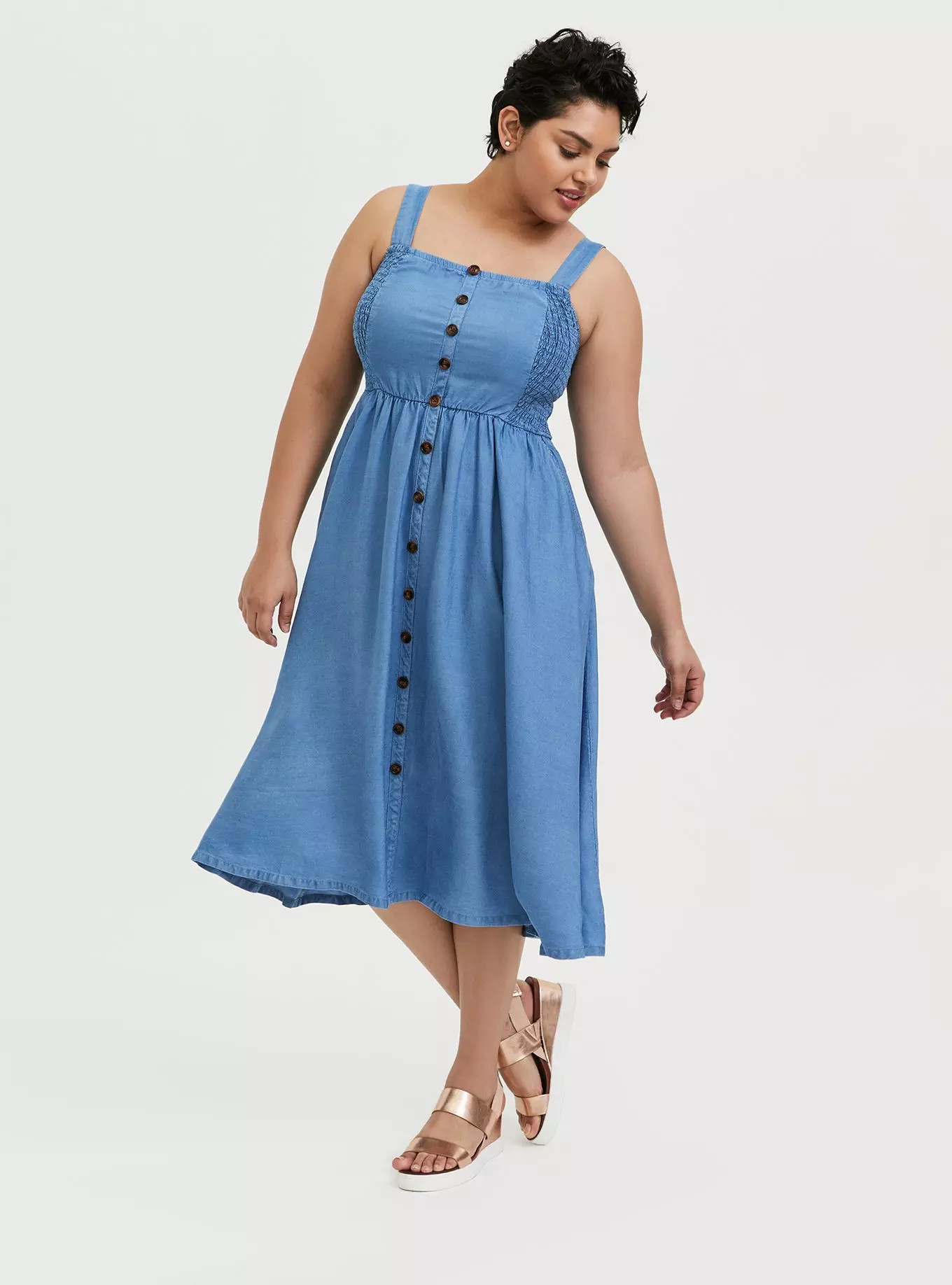 Denim Button Pinafore Midi Dress | Torrid (US & Canada)