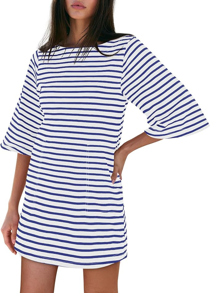 Yousify Women’s T Shirt Dress Cotton Summer Dresses 2025 Casual Loose Short Sleeve Striped Mini... | Amazon (US)