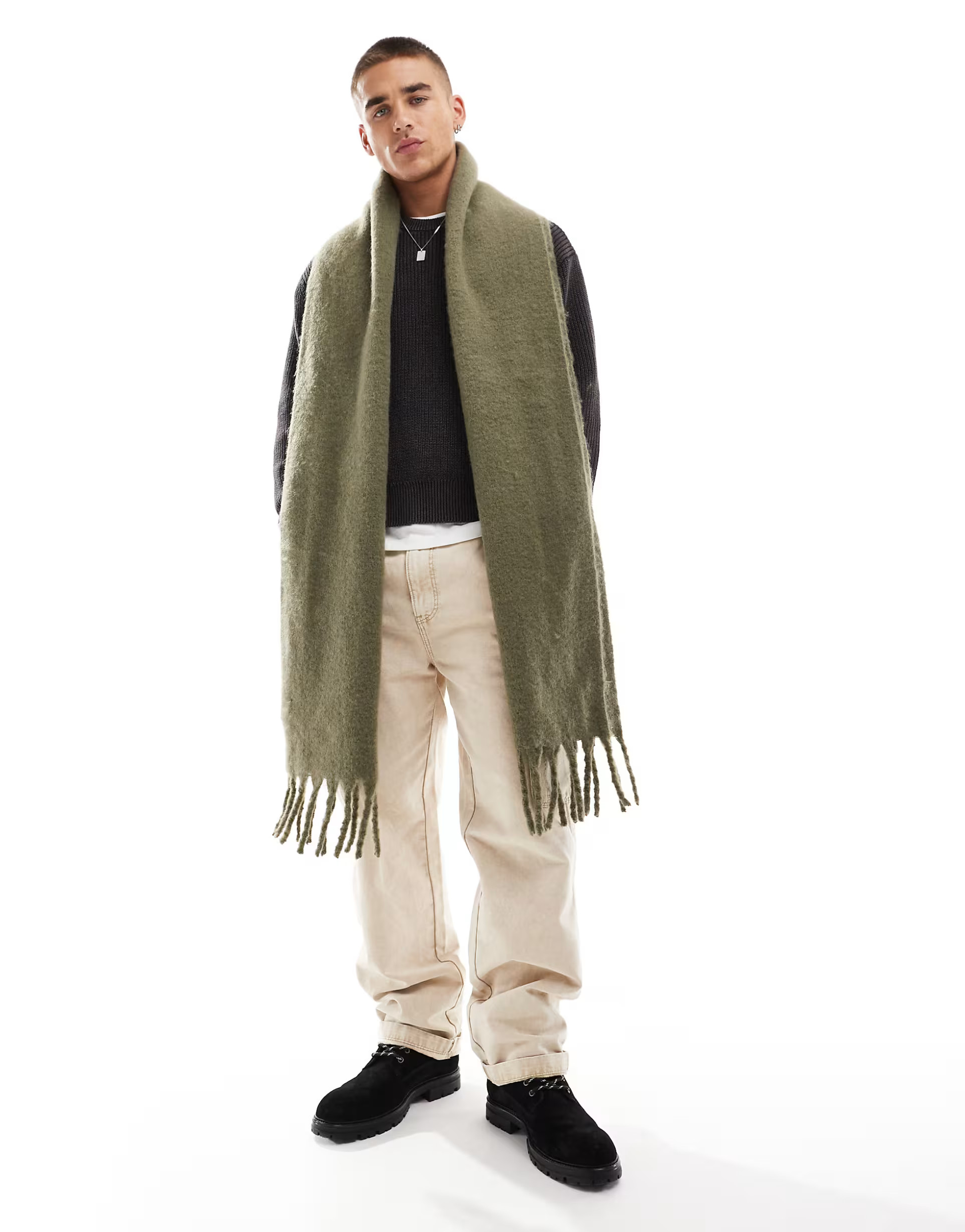 ASOS DESIGN fluffy blanket scarf in khaki | ASOS (Global)