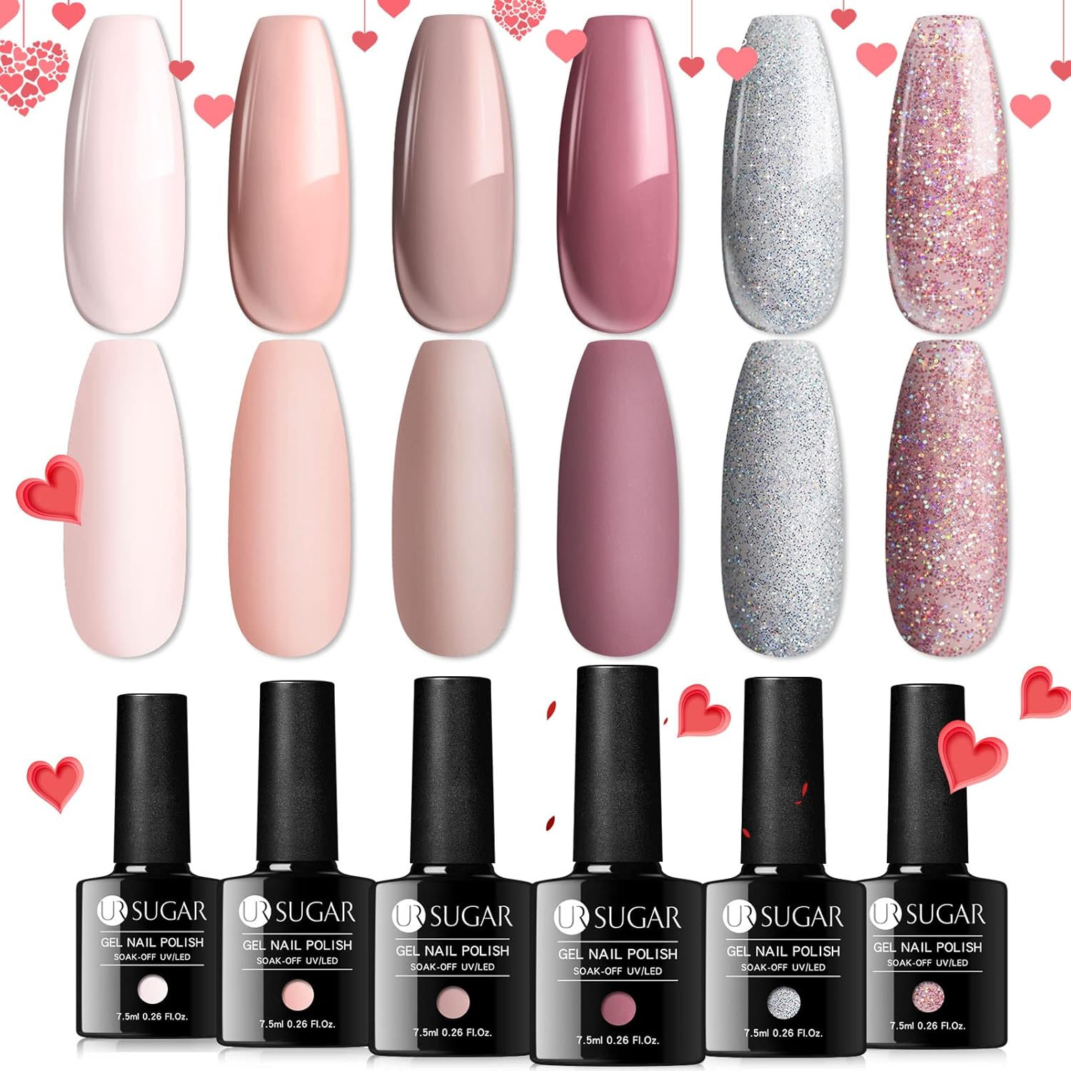 UR SUGAR Nude Pink Gel Nail Polish Set, 6 Colors Nude Pink Sliver Glitter Gel Polish Kit for All ... | Amazon (US)