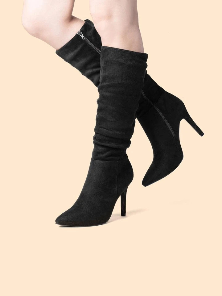 Women Suede Knee High Boots Pointed Toe Stiletto Boot Slouchy Zipper High Heel Boots | SHEIN