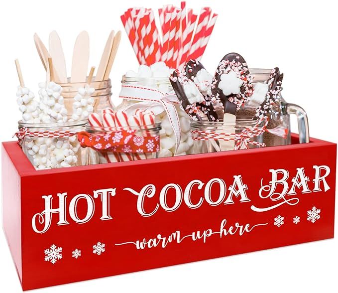 Christmas Hot Cocoa Bar Decor Box Hot Chocolate Bar Wood Tray Xmas Red Bar Holder Box Station Fun... | Amazon (US)