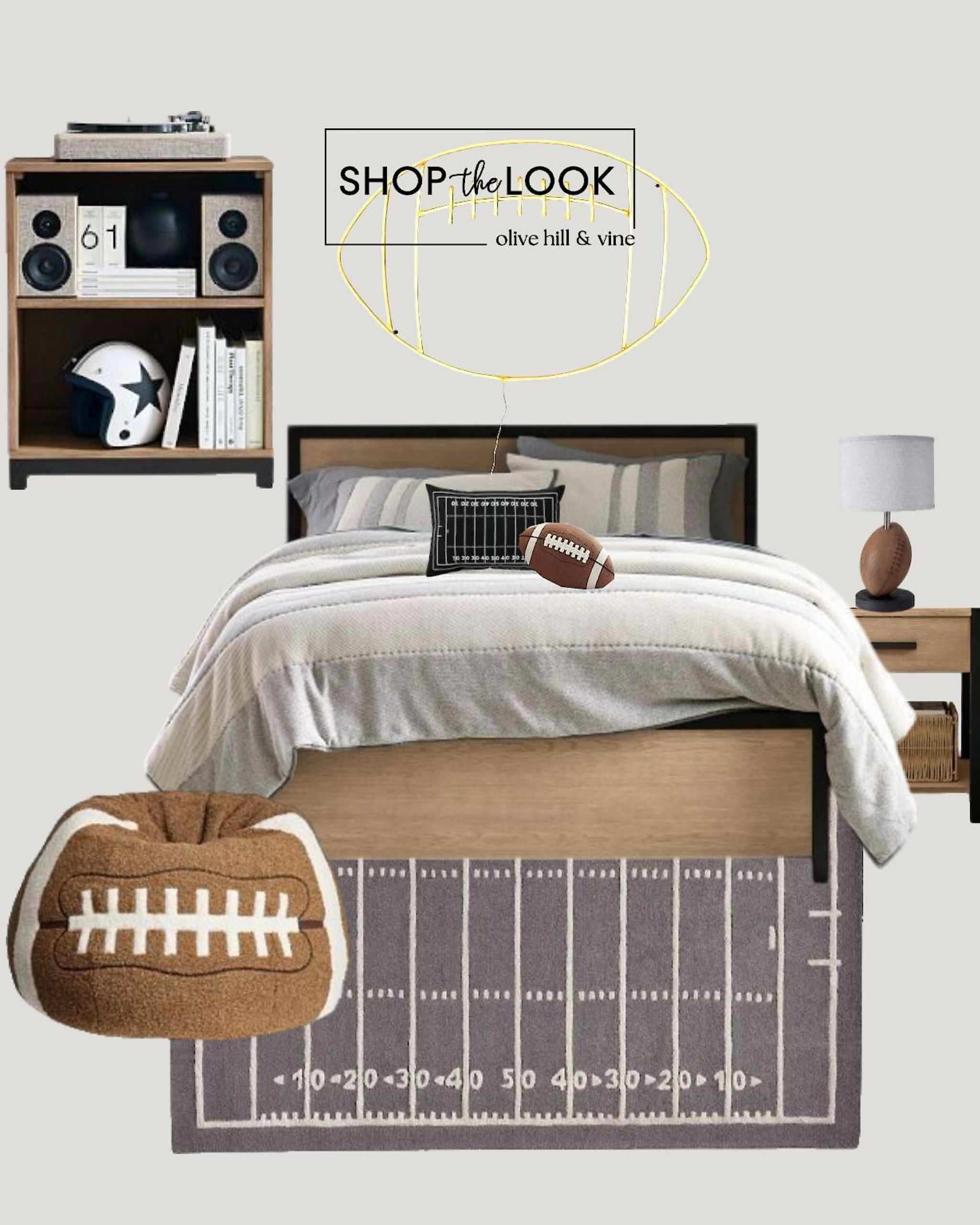 Game day vibes meet stylish design in this football-themed bedroom. The rustic-modern bed with a floating headboard and storage pairs perfectly with coordinating nightstands and a 2-shelf bookcase. A neutral football field rug, bean bag chair, and LED sign bring the spirit. 

#LTKHome #LTKFamily #LTKKids