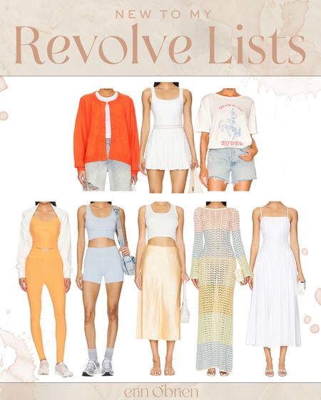 new to my revolve lists 🤍 white midi dress, colorful workout sets, striped knit dress, silk midi skirt, coral cardigan, graphic tee

#LTKStyleTip