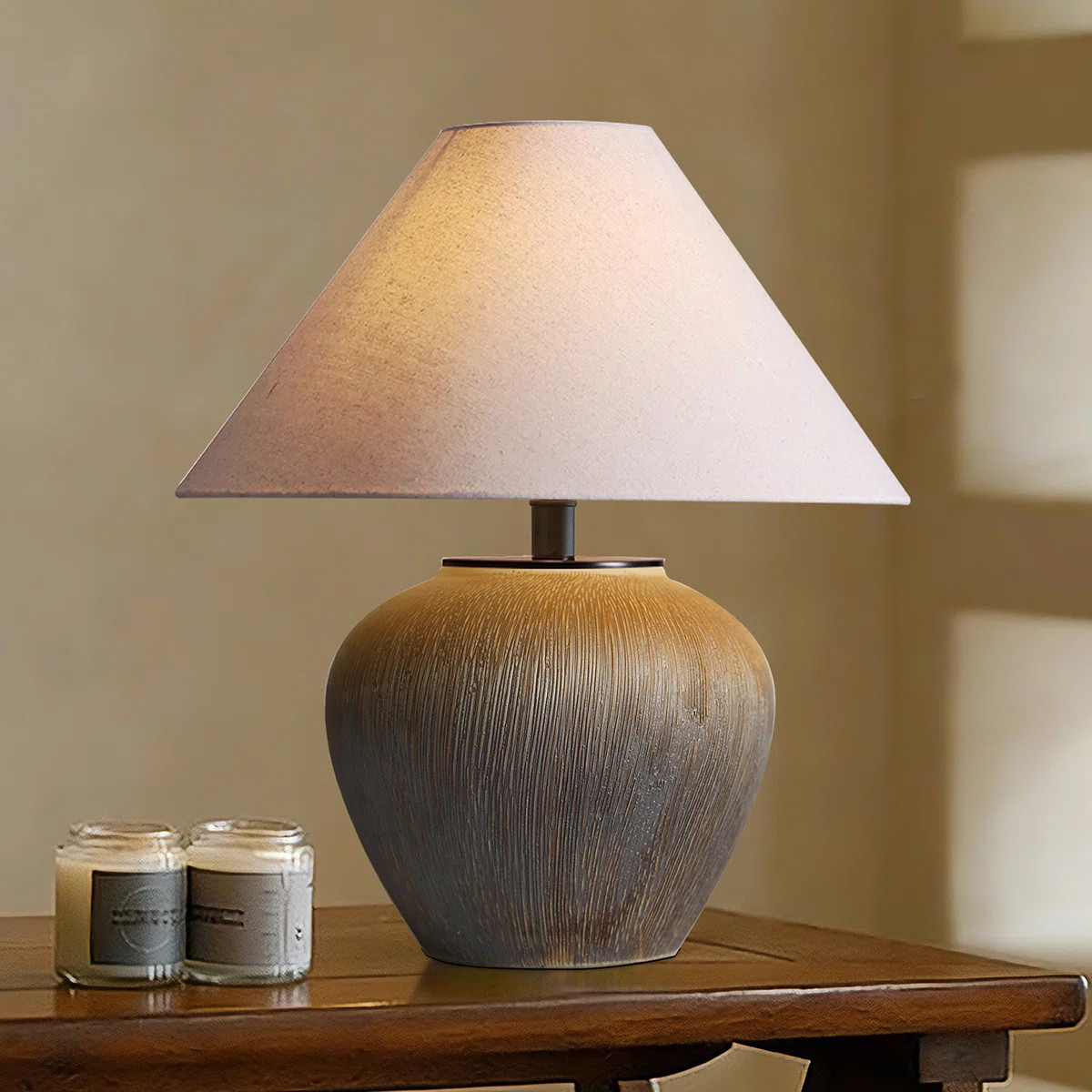 Iftikar Rustic Earthenware Table Lamp With Vertical Texture, Linen Shade & Bulb Included \u2014 M... | Wayfair North America