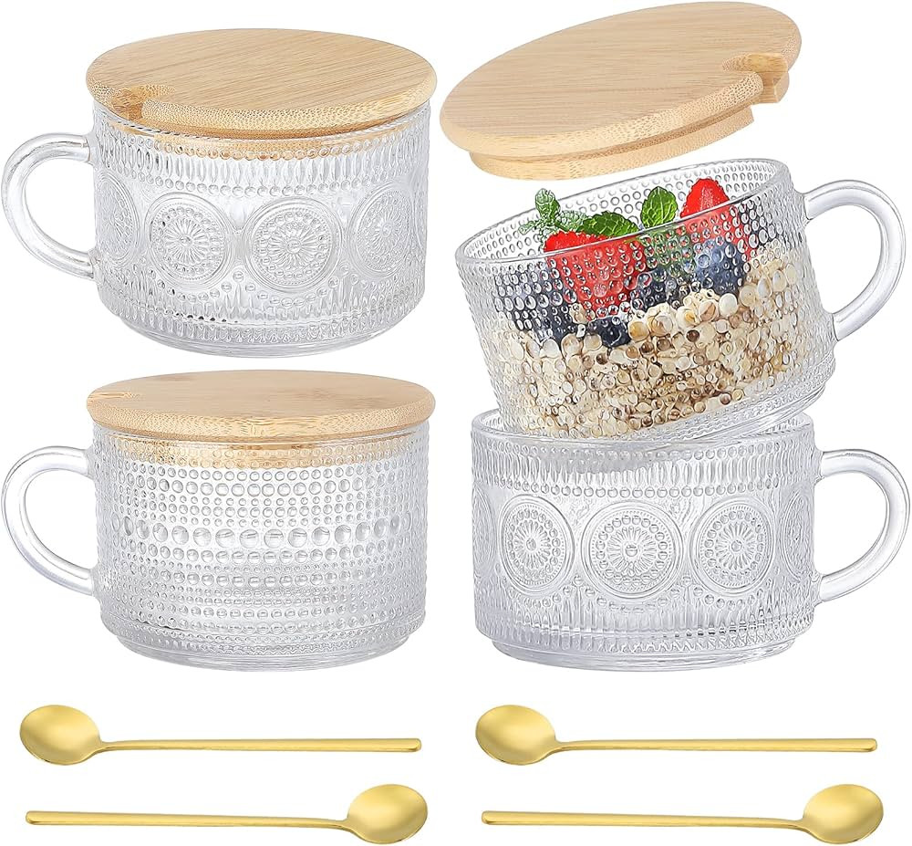 Vintage Coffee Mugs Set of 4 Glass Cups with Bamboo Lids and Spoons 14oz Clear Tea Cup Vintage Gl... | Amazon (CA)