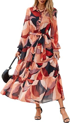 PRETTYGARDEN Women's Fall Dress 2025 Casual Long Sleeve Button Down Belted Boho Floral Flowy Maxi... | Amazon (US)