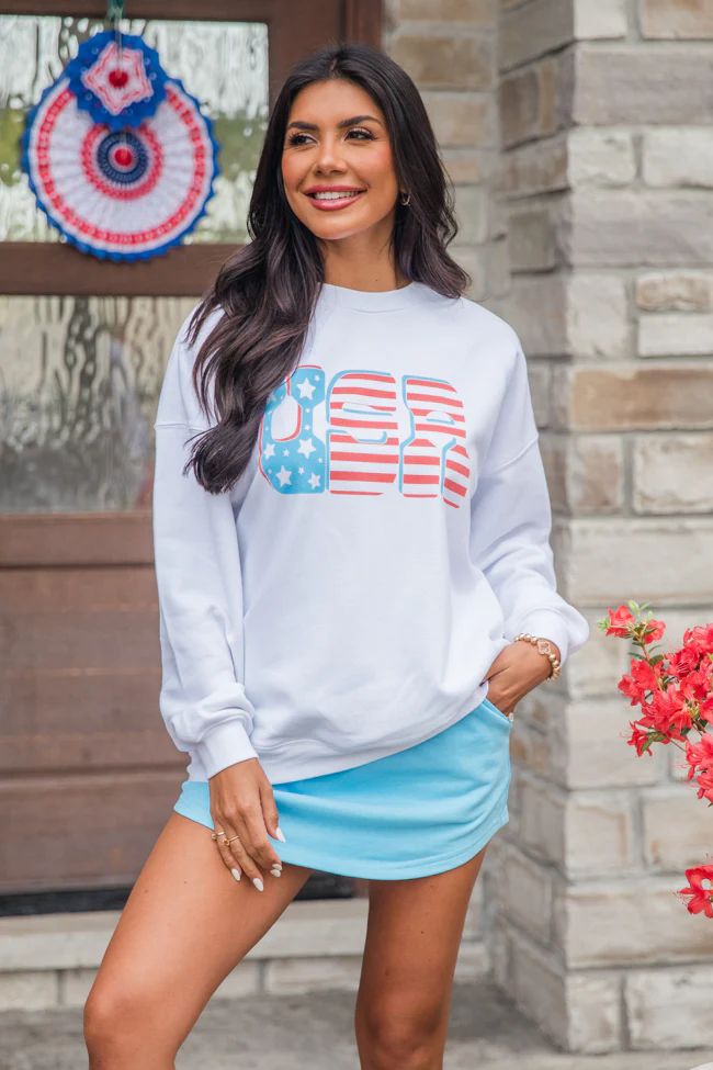 Flag USA White Oversized Graphic Sweatshirt DOORBUSTER | Pink Lily