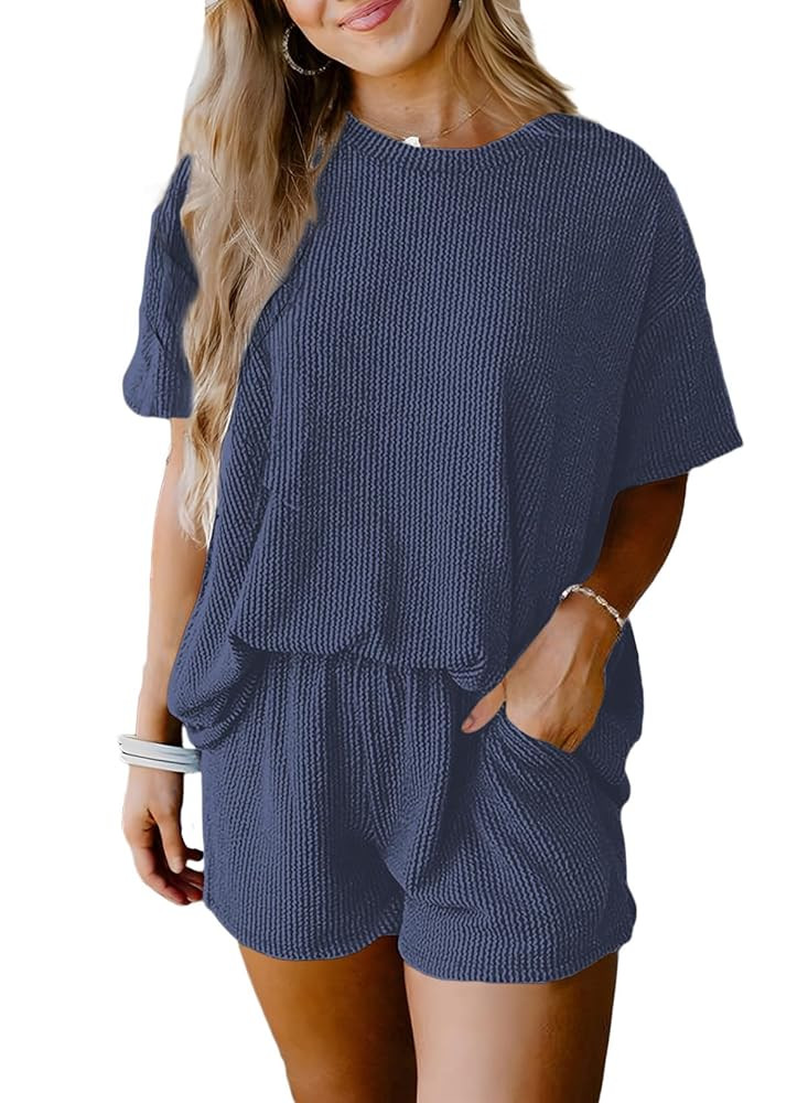 SHEWIN Two 2 Piece Sets for Women Short Sleeve Shirts High Waisted Shorts with Pockets Pajamas Lo... | Amazon (US)