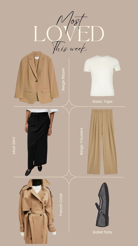 Most loved this week - what's hot - spring wardrobe staples - beige blazer - beige wide leg trousers - basic white top - maxi skirt - mesh ballet flats - classic trench coat 

#LTKSeasonal #LTKfindsunder100 #LTKfindsunder50