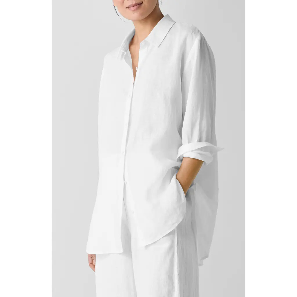 Eileen Fisher Classic Collar Organic Linen Long Button-Up Shirt in White at Nordstrom, Size Xx-Small | Nordstrom